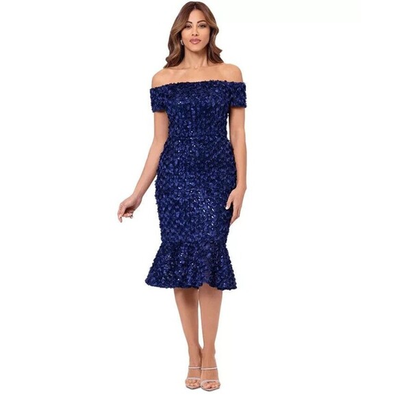 XSCAPE Women's Off-The-Shoulder Lace Fit & Flare Evening Cocktail Dress Navy 4 - Picture 1 of 15